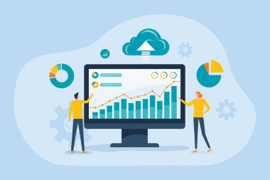 İş veri analizi tasarımı. Pazarlama ekibi çalışıyor. İş finans yatırım konsepti. grafik bilgi analizi. düz vektör illüstrasyonu.