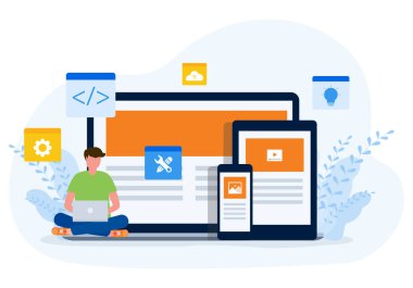 düz vektör tasarımı web geliştirme ve çalışan bilgisayar dizüstü bilgisayar ve mobil aygıt uygulama geliştirici