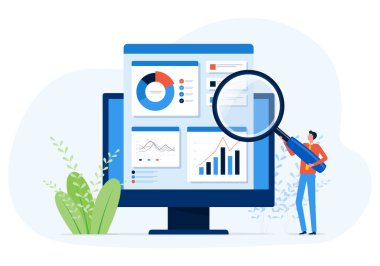 Veri analizi ve rapor paneli monitörü ve iş finansmanı yatırım tasarımı konsepti üzerinde çalışan işadamı