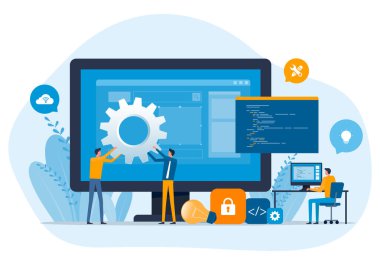 Web tasarımı ve web uygulama tasarım süreci kavramı. Birlikte çalışan bir web tasarımcısı ve geliştirici ekibiyle. düz vektör illüstrasyon tasarımı kavramı