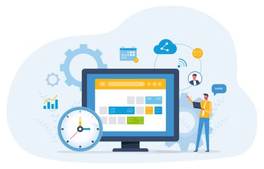Düz vektör illüstrasyon tasarımı iş planlama konsepti ve dijital çevrimiçi takvimle çalışan iş adamları takımı. çevrimiçi çalışma zamanlaması uygulama bağlantısı kavramı