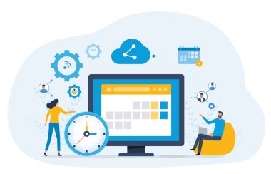 Düz vektör illüstrasyon tasarımı iş planlama konsepti ve dijital çevrimiçi takvimle çalışan iş adamları takımı. çevrimiçi çalışma zamanlaması uygulama bağlantısı kavramı