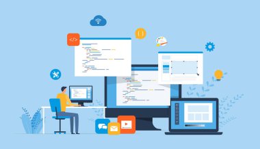düz vektör illüstrasyon web tasarımı ve web uygulama tasarım süreci kavramı. bir web tasarımcısı ve geliştirici ekibiyle.