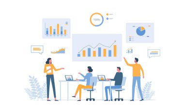 Grup iş adamları toplantısı ve ofis işyeri konseptinde iş birliği. düz vektör illüstrasyonu