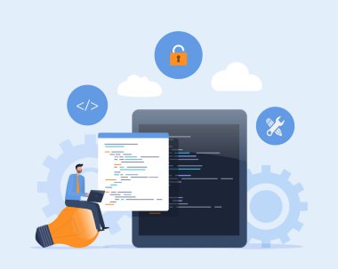 mobil uygulama geliştirme. Yazılım geliştirme programcısı çalışma konsepti. Web tasarımı ve mobil uygulama tasarım süreci. düz vektör illüstrasyonu