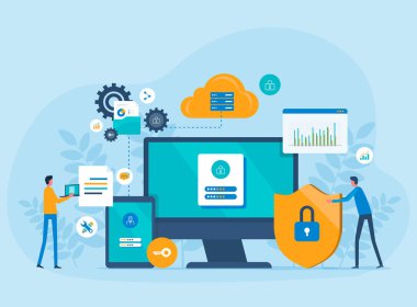 İş teknolojisi depolama desteği. ticari bulut hesaplama ve veri girişi güvenlik kavramı. Yönetici ve müteahhit ekibiyle. düz vektör çizimi.