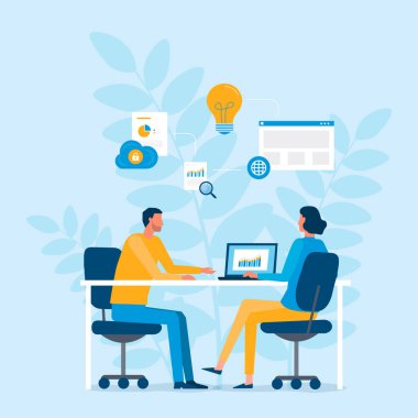 İş ekibi toplantısı çalışıyor. Planlama kavramları için yaratıcı düşünceler bir arada. düz vektör çizim karakter tasarımı