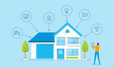 Düz vektör tasarımı, akıllı ev konsepti. Bir adam akıllı telefon kullanarak akıllı ev otomasyonunu kontrol eder..