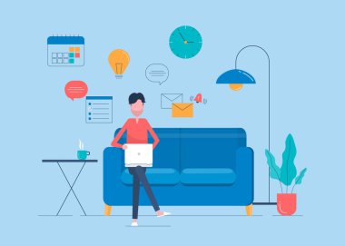 Genç bir adam kanepede çalışır. Bir dizüstü bilgisayar kullanarak. Evde çevrimiçi çalışıyor. Organizasyon. Toplantı. İnsanlar evden çalışır. ticari zeka uzaktan teknolojiyle çevrimiçi çalışıyor.