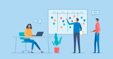 Grup iş adamları toplantısı. İş pazarlama planlama konsepti için beyin fırtınası yapacağız. Çizelgede renkli yapışkan bir not var. Çizgi film karakter tasarımını ayarla. Düz Çizim