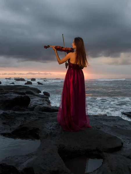 해변에 바이올린을 여성이요 예술의 개념입니다 드레스를 자연스럽게 바이올린을 연주하는 슬림걸 — 스톡 사진