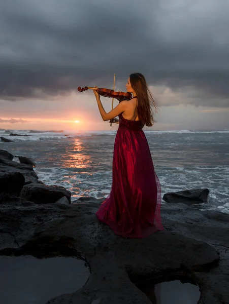 해변에 바이올린을 여성이요 예술의 개념입니다 드레스를 자연스럽게 바이올린을 연주하는 슬림걸 — 스톡 사진