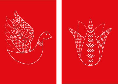 Kırmızı arka planda beyaz çizgi şeklinde kuş ve çiçek motifli minimalist halk sanatı çizimi. Nakış desenlerinden esinlenilmiş geleneksel etnik süs.