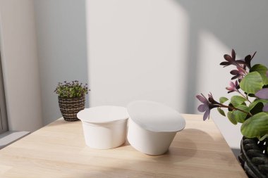 3D boş yemek fincanını masaya koyun, perspektif görüntüsü. Model tasarımı için