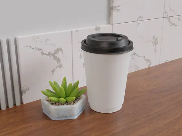 Render Leere Kaffeetasse Auf Tisch Mit Dekoration Perspektivische Ansicht Für — Stockfoto