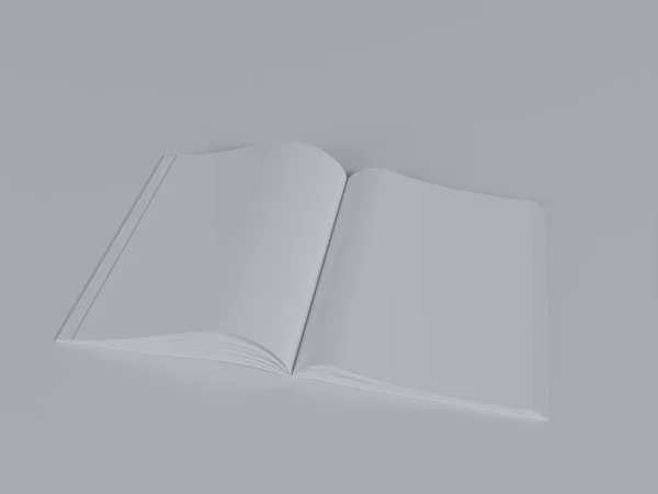 3Dレンダリング グレーの背景にオープンブランクマガジン トップフロントビュー モックアップデザイン — ストック写真