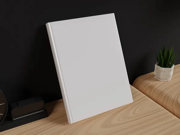 Render Libro Portada Blanco Mesa Con Decoración Vista Perspectiva Para Imagen de archivo