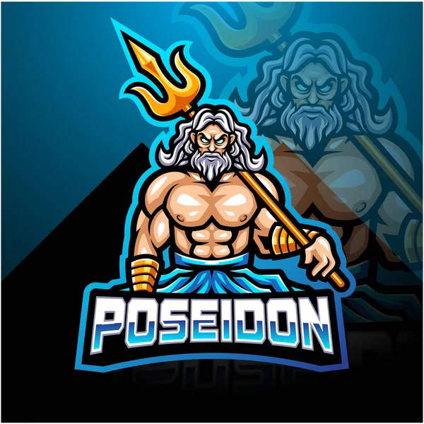 Poseidon Esport Disegno Del Logo Della Mascotte Con Arma Tridente — Foto Stock