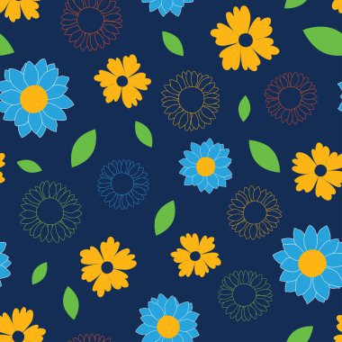 Raster illüstrasyonu. Lacivert arka planda geçmişe dönük çiçekler ve yapraklar pürüzsüz tekrarlama deseni.