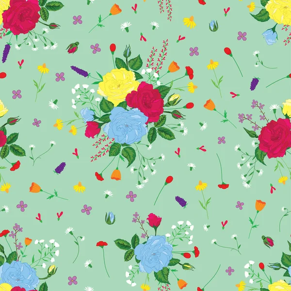 ラスターイラスト 薄緑色の青の背景に野生の花とカラフルなバラの房シームレスな繰り返しパターン — ストック写真