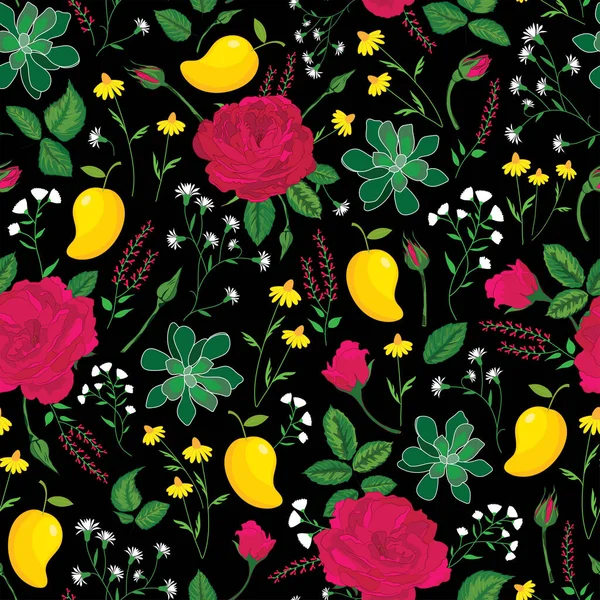 ラスターイラスト バラとマンゴーの野生の花と黒の背景シームレスな繰り返しパターン — ストック写真