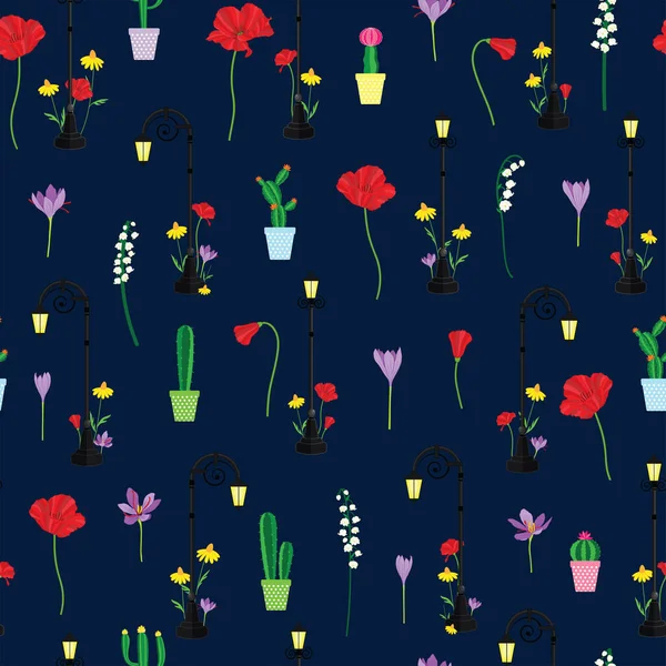 ラスターイラスト 紺地に街灯のある夜の庭の花シームレスな繰り返しパターン — ストック写真
