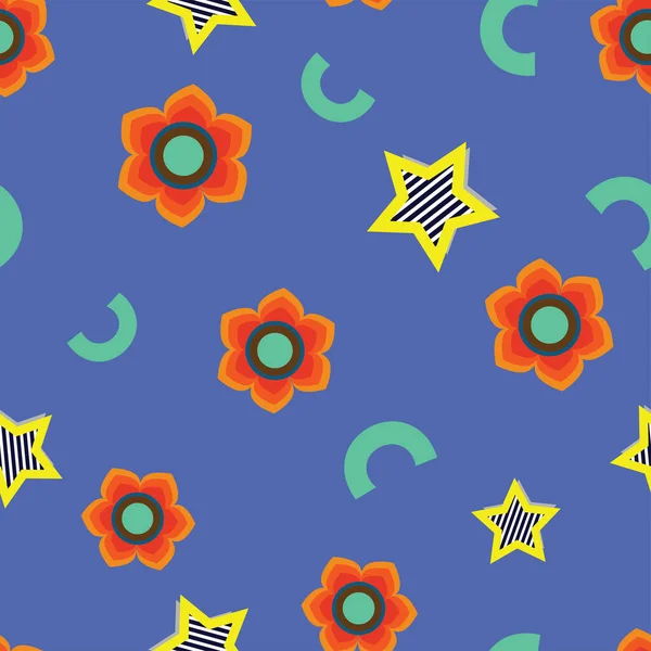 Raster illustration. Psychedelic flowers and stars on blue background seamless repeat pattern.
