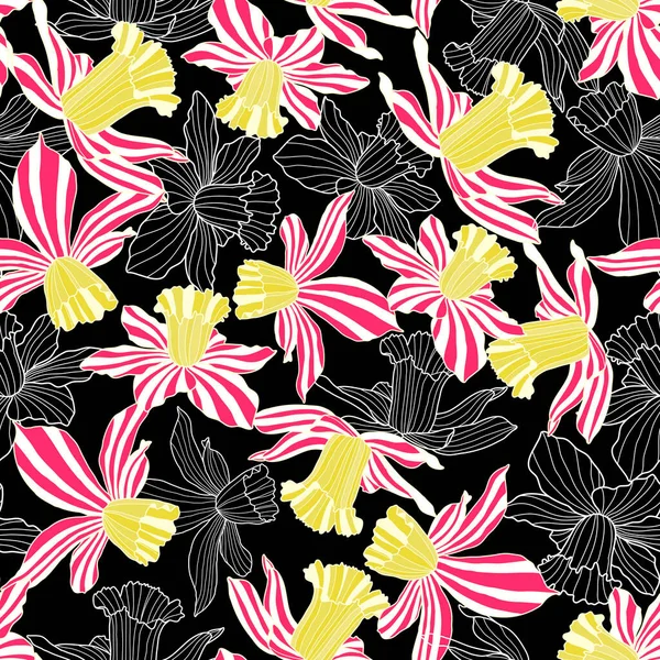 拉斯特插图 彩色粉红条纹水仙花在黑色背景上无缝重复图案 最适合家庭用纸 包装材料和墙纸 — 图库照片