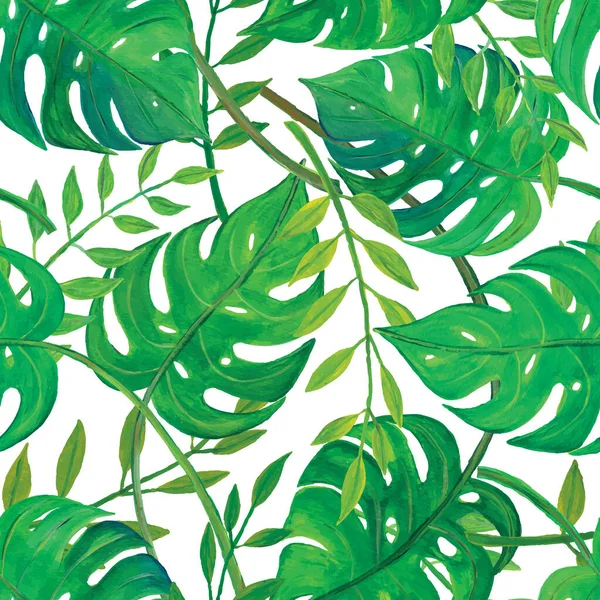 stock image Raster illustration. Hand painted watercolor tropical monstera leaves seamless repeat pattern. Best for bedding and home dcor.