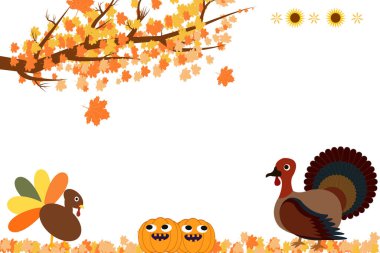 Sonbahar yapraklı Şükran Günü sınırı ve hindi, tavuk, mısır, balkabağı. Şükran Günü bayrağı, poster, tebrik kartı, Şükran Günü metin harfleri....