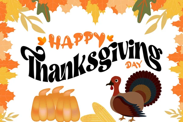 快乐的感恩节矢量与秋天的树叶和土耳其母鸡 感恩节横幅 发短信等 — 图库矢量图片