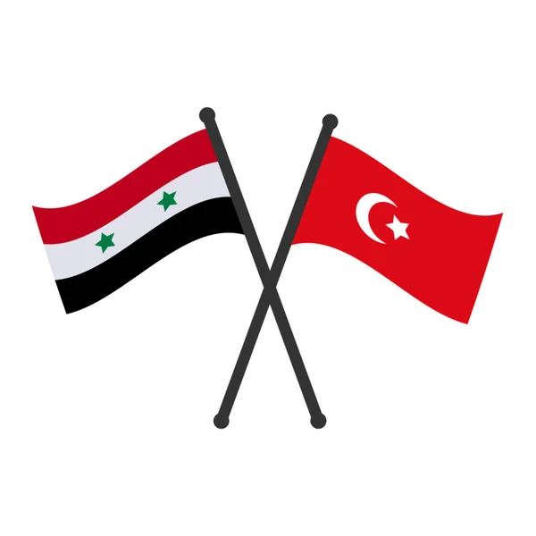 Suriye bayraklı hindi bayrağı çaprazlandı. İki masa bayrağı, Suriye ile Türkiye arasındaki diplomatik ilişkiler anlamına geliyor. Suriye ve Türk Komşu Ülkeleri ulusal bayrak sallıyor. İşbirliği ve anlaşma.