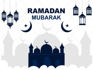 Ramadan Mubarak Islamic background with Mosque Crescent Moon and Lantern. Ramadan kareem festival celebration islamic banner. Religious Islamic Greeting. lamps decoration,Ornamental Lantern Burning.