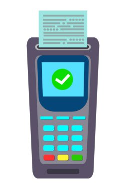 Ödeme Terminal POS ATM kredi kartı ve parmak izi makbuzuyla. Elektronik işlem makinesi nakitsiz teknoloji. NFC teknolojisi tarafından yapılan temassız ödeme işlemi. Ödeme güvenliği sağlandı.