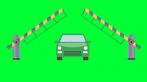 ブームバリアバリケードは車のグリーン画面を停止しました 鉄道横断バリアフェンスは車を防止します 道路バリア赤白ストライプレベル交差点 ゲートを開ける Safety Barrier Gate — ストック動画