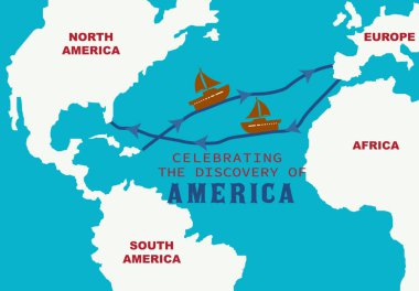 Kolomb Avrupa 'dan Amerika' ya Giden Yol Haritası. Columbus Rotalı Dünya Haritası. Columbus Günü Amerika 'nın İnfografik Keşfi. İspanya 'dan Amerika' ya Kristof Kolomb 'un yelkenli yolculuğu. Bayrak.