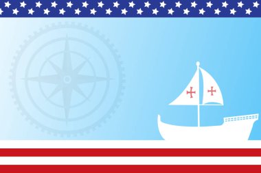 Kolomb Günü. Yelkenli tekneyle Uzay Arkaplanı Kopyalama Günü. Kristof Kolomb Ulusal Amerikan Bayrağı, deniz dalgaları, direksiyon ve pusula. Amerika 'nın Keşfi İspanya teması