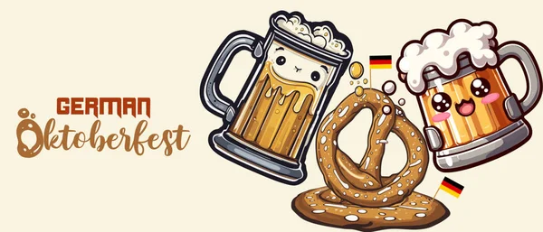 Ekim Festivali Pretzel ve Beer stein bardaklı tatil arkaplanı. Ünlü Alman Ekim Festivali partisi Bavyera festivali Banner. Bira bardağı, dev kraker, köpüklü kupa geleneksel Alman yemeği..