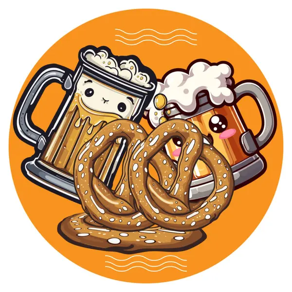 Ekim Festivali Pretzel ve Beer stein bardaklı tatil arkaplanı. Ünlü Alman Ekim Festivali partisi Bavyera festivali Banner. Bira bardağı, dev kraker, köpüklü kupa geleneksel Alman yemeği..