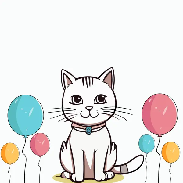 Kedi Günü uzay afişini kopyaladı. Şirin, beyaz, pofuduk bir çizgi film olan Kedi Oturuyor, Balonlar. İnsanlar ve Kediler Arasındaki Mutlu Hayvanlar Dostluğu. Evcil Hayvanlar ve Evcil Hayvanlar miyavlama günü kutlaması. Kedi Günü çıkartması posteri.