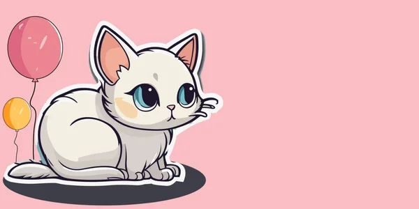 Kedi Günü uzay afişini kopyaladı. Şirin, beyaz, pofuduk bir çizgi film olan Kedi Oturuyor, Balonlar. İnsanlar ve Kediler Arasındaki Mutlu Hayvanlar Dostluğu. Evcil Hayvanlar ve Evcil Hayvanlar miyavlama günü kutlaması. Kedi Günü çıkartması posteri.