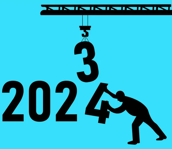 Mutlu yıllar 2024. Hoş geldin vektör tasarımı. 2023 'ten 2024' e, 2023 'ün sonundan 2024' e ve 2024 'ün başında bir adam tarafından itilen vinç harfi 4 ile kaldırılıyor. 2024 numaralı inşaat vinçleri