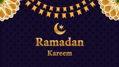 Ramazan İslam arkaplan animasyonu hilal ay ve Ramazan Kareem dekoratif kiraz çiçekleri koyu mavi renkte dönüyor. İslami Dekoratif Elementler Bayram Mübarek, İslami Yeni Yıl.