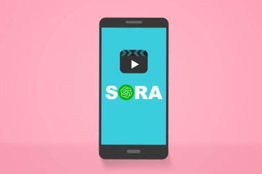 Sora AI logo online video generator on smartphone screen vector. Mobile phone with Sora icon. Sora is a artificial intelligence of text to video generator, video model of OpenAI chatGPT. clipart