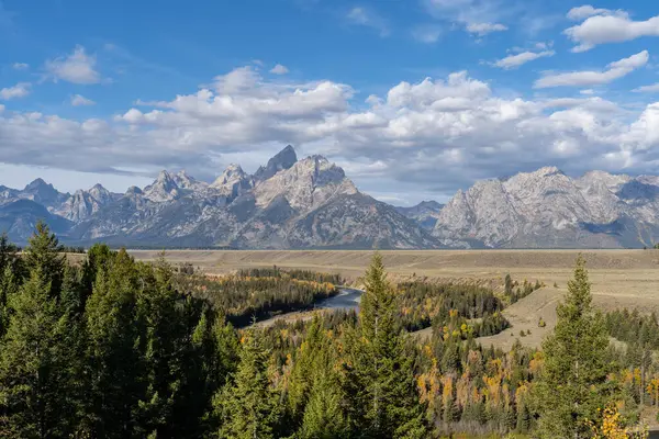 Grand Teton Dağları Sıradağları ve Yılan Nehri Tepesi Grand Teton Ulusal Parkı 'nda güzel sonbahar renkleriyle
