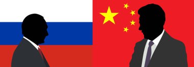 Moskova. 20 Mart - 22, 2023. Çin Cumhurbaşkanı Xi Jinping ve Rusya Devlet Başkanı Vladimir Putin 'in görüşmelerinde Çin Cumhurbaşkanı Xi Jinping ve Rusya Devlet Başkanı Vladimir Putin, Çin ve Rusya' nın bayraklarının arka planında karşı karşıya geldiler..