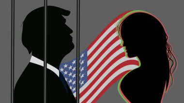 New York 2023. Donald Trump New York mahkemesinde cezai suçlamalarla karşı karşıya. Trump ve porno yıldızı Stormy Daniels 'ın silueti.