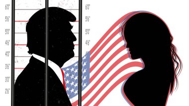 2023. - New York. Büyük jüri, Birleşik Devletler 'in 45. Başkanı Donald Trump' a karşı suç duyurusunda bulundu. Trump ve porno yıldızı Stormy Daniels 'ın silueti.