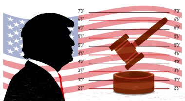 New York . April 4, 2023. In connection with allegations of financial fraud, former US President Donald Trump is due to appear in court in New York on April 4, 2023. Silhouette of Trump against the background of prisoners and the US flag clipart