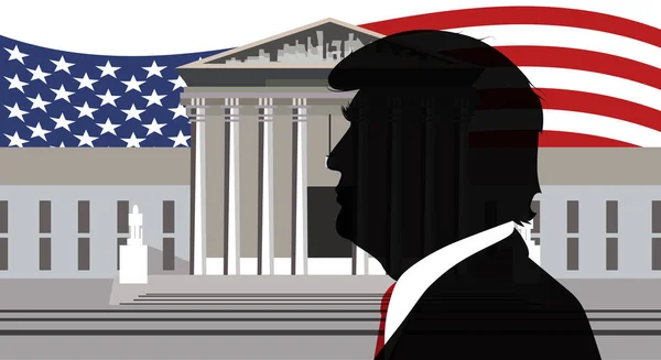 2023 대통령 도널드 트럼프는 뉴욕에서 재판을 국기의 배경에 트럼프의 실루엣 — 스톡 사진